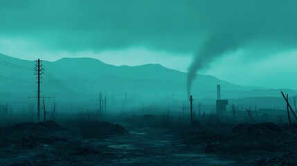Fototapeta premium Haunting digital matte painting of a post apocalyptic wasteland featuring a desolate landscape with a gloomy foreboding atmosphere The image depicts a dystopian futuristic scene with abandoned ruins