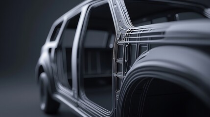 Hyper detailed 3D rendering of a luxurious car model showcasing intricate metallic surfaces and reflections in a minimalist studio setting