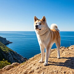 An American Akita standing on a rocky cliff overlooking a beautiful ocean view