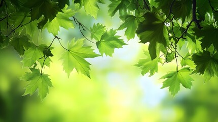 Fototapeta premium Spring branches of maple tree with fresh green leaves