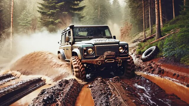 4x4 off-road vehicle powering through deep mud
