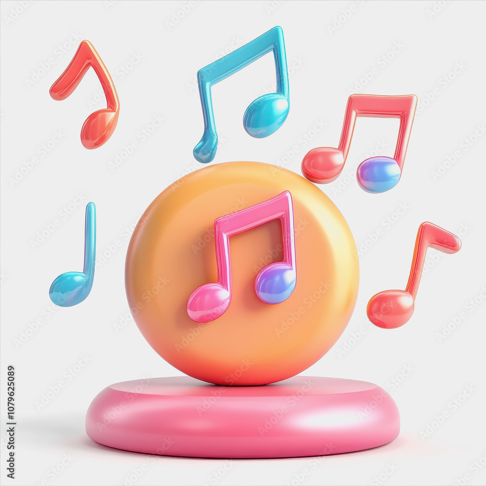 Poster colorful music notes and sphere display on round platform with bright pastel colors creating playful
