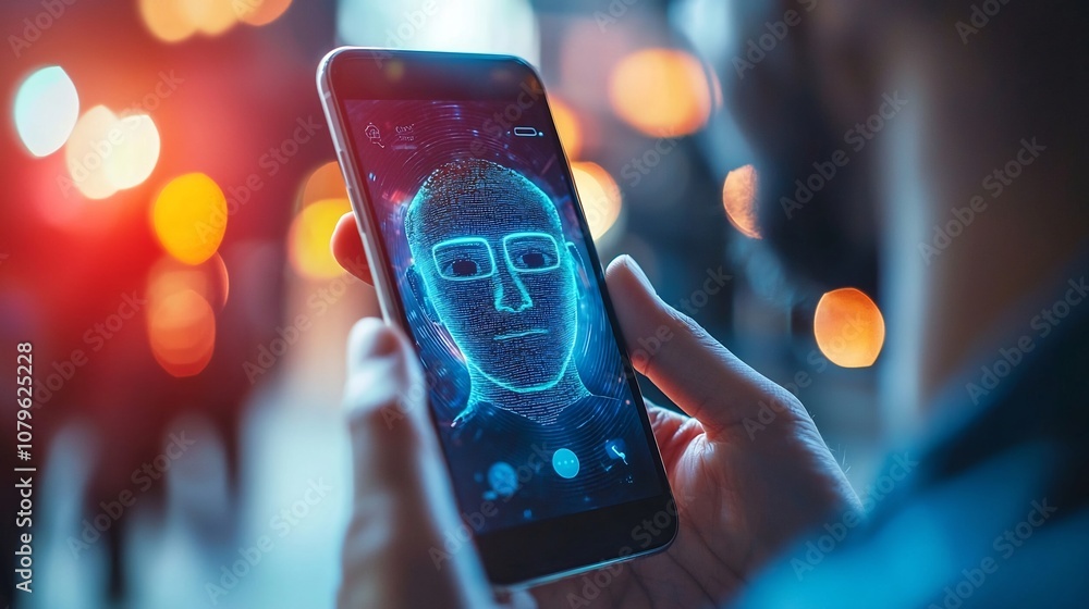 Aufkleber closeup view of a person s hand holding a modern smartphone with facial recognition technology for s