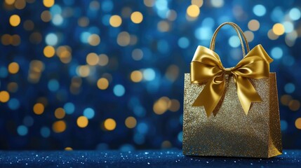 Shopping bag adorned with a golden bow on a blue backdrop featuring bokeh lights representing a luxury retail or festive gift theme