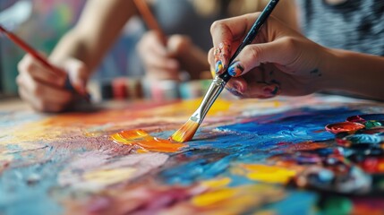 Obraz premium Close-up of hands painting a vibrant artwork with various brushes and colors, expressing creativity.