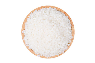 Raw rice japanese with wooden bowl white on background.