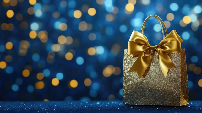 Shopping bag adorned with a golden bow on a blue backdrop featuring bokeh lights representing a luxury retail or festive gift theme