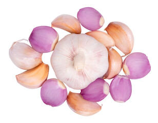 Top view Onions and gralic with slice on white background.