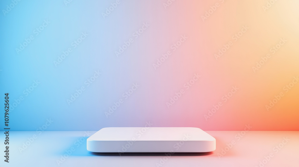 Poster minimalist scene with white display platform against soft blue and orange gradient background for pr