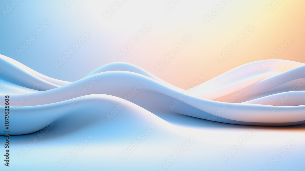Poster soft flowing waves in pastel tones representing movement and serenity with a blend of blue and orang