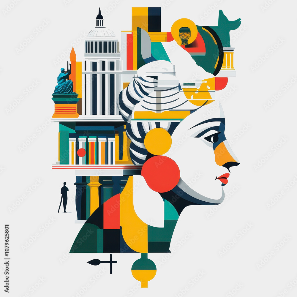 Poster abstract artwork featuring a stylized profile of a woman with elements of architecture and color rep