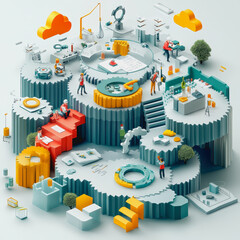 Colorful and Creative Illustration of a Dynamic Workspace with People Collaborating, Tools, Gears and Technology Elements Representing Innovation and Progress