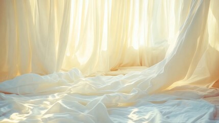 Obraz premium Soft, flowing white curtains illuminated by sunlight, creating a serene atmosphere.