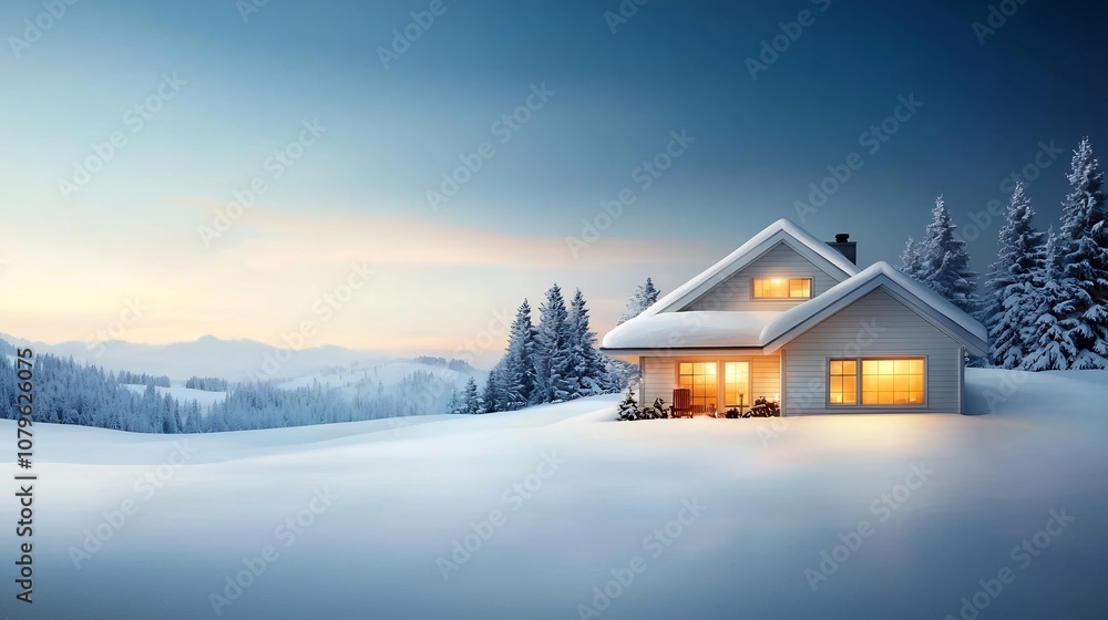 Poster cozy winter cabin nestled in a snowy pine forest with warm glowing lights shining from the windows a