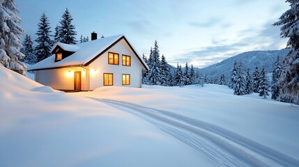 Cozy winter cabin nestled in a snowy pine forest its warm lights glowing through the windows and illuminating the peaceful twilight landscape surrounding it