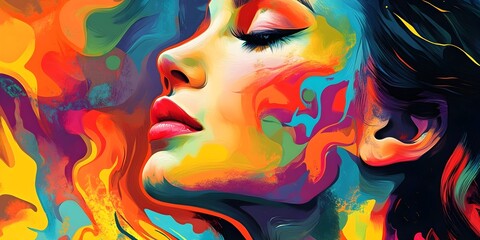 A woman's face is shown in a colorful, abstract style