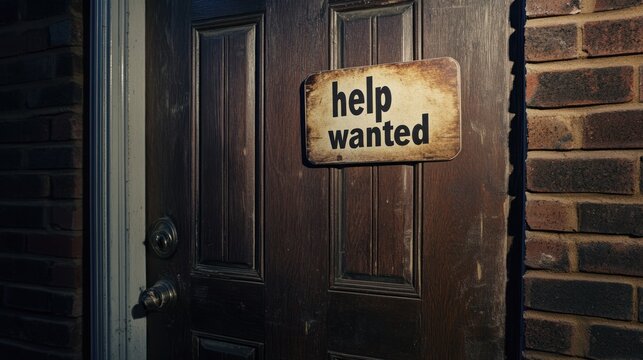 A rustic door with a weathered "help wanted" sign, indicating a job opportunity.