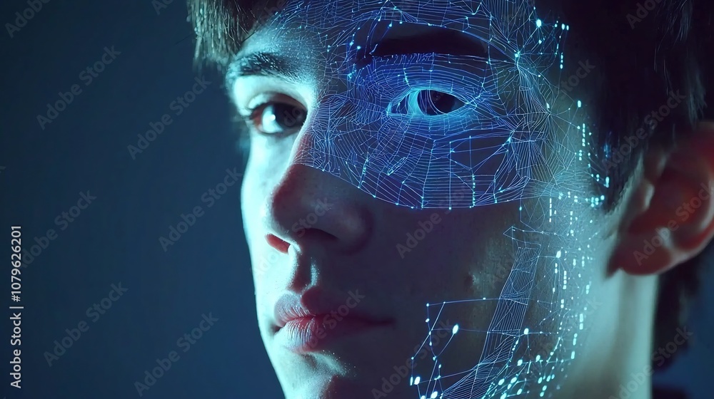 Poster cutting edge digital face scan technology analyzing a person s unique facial features and characteri