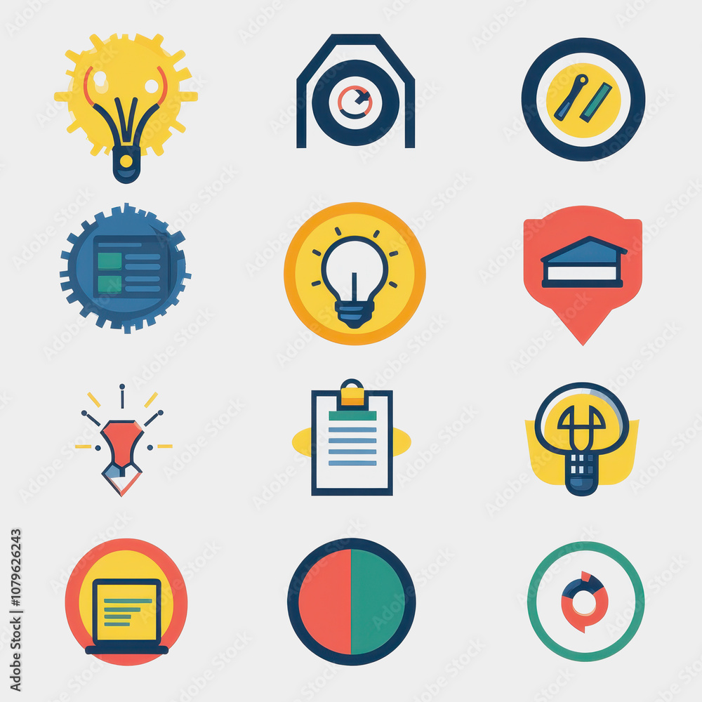 Poster collection of colorful flat design icons representing creative tools, technologies, and concepts in 