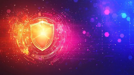 Cyber Shield Icon Glowing on Vibrant Digital Background Representing Secure Digital Identity and Advanced Cybersecurity Technology  Futuristic Holographic Interface Design with Abstract Light Effects