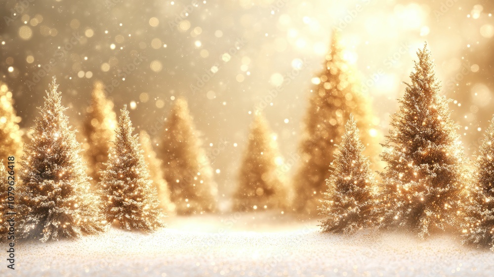 Aufkleber golden themed christmas and new year backdrop featuring decorated trees with sparkles in a snowy for