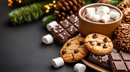Delicious homemade holiday cookies and rich chocolate treats arranged on a rustic wooden table with festive pine cones marshmallows