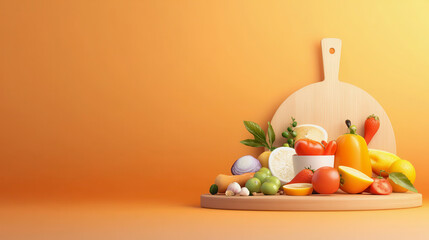 Fresh and Colorful Vegetables and Fruits Displayed on a Wooden Cutting Board Against a Bright Orange Background for Colorful Culinary Themes