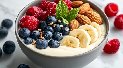 Delightful and Wholesome Smoothie Bowl Featuring an Assortment of Fresh Berries Banana