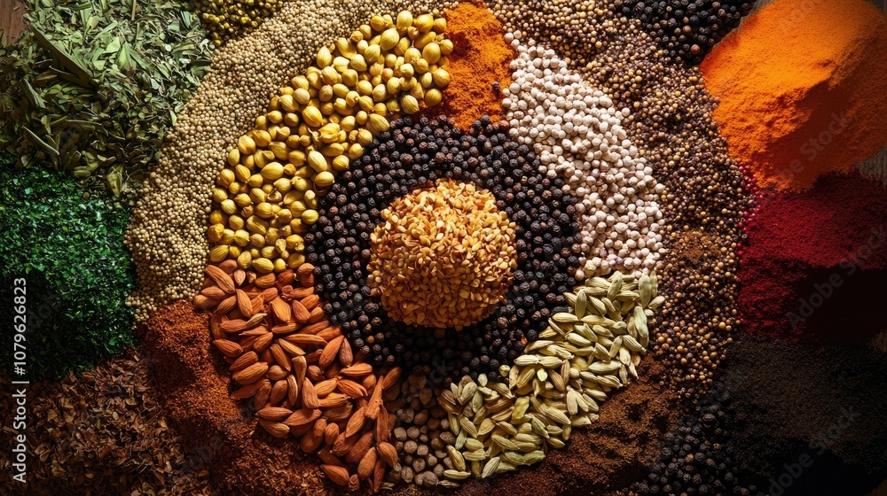 Poster an assortment of spices displayed in a circular arrangement