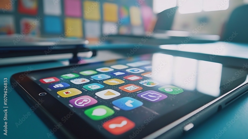 Poster digital learning tools and educational apps displayed on tablet screen showcasing modern technology 