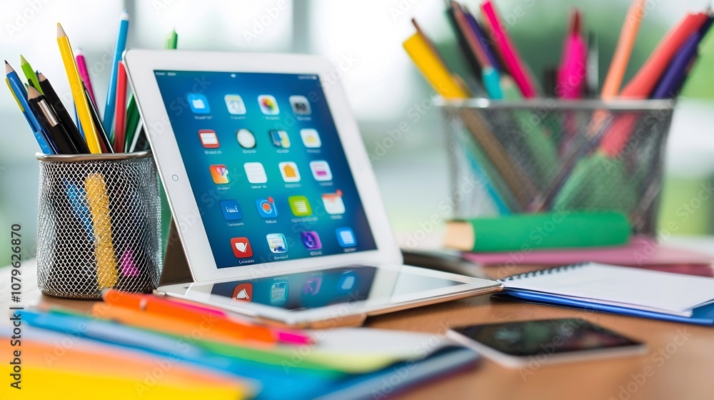 Poster digital learning tools and educational applications displayed on tablet screen surrounded by school 