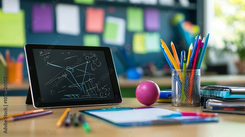 Poster digital learning tools on tablet screen with educational apps in background desk with various school