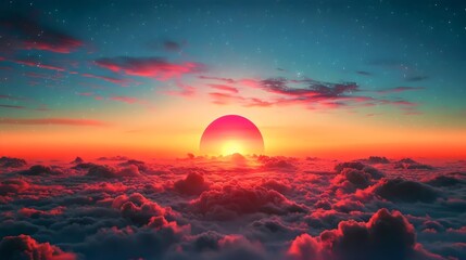A beautiful sunset with a large sun in the sky
