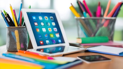 Digital learning tools and educational applications displayed on tablet screen surrounded by school and office supplies in a creative workspace  Concept of modern technology