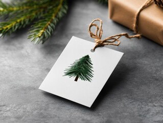 A minimalistic Christmas gift tag with a simple pine tree design, tied with twine and placed beside a wrapped gift on a gray background.