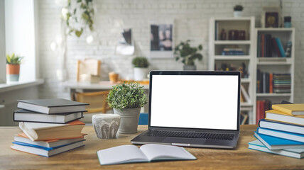 Various type of books near the laptop with blank white screen on wooden desk high quality photo