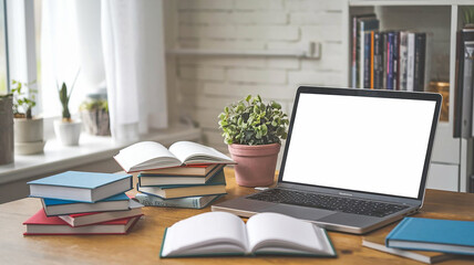 Fototapeta premium Various type of books near the laptop with blank white screen on wooden desk high quality photo