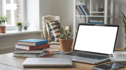 Fototapeta premium Various type of books near the laptop with blank white screen on wooden desk high quality photo