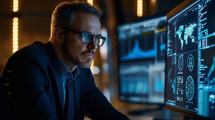 Digital security expert closely examining data and digital interface on computer screen for identity verification purposes  Monitoring and analyzing technical information and network security
