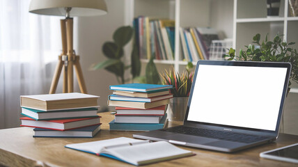 Various type of books near the laptop with blank white screen on wooden desk high quality photo