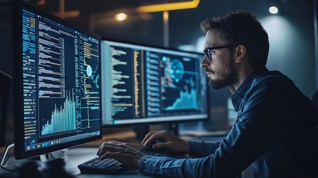 Digital security expert evaluating data and analytics on computer screen for identity verification and authentication purposes in enterprise business or cybersecurity application