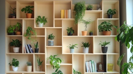 Contemporary bookshelf decorated with plants enhancing its role as a modern decorative feature
