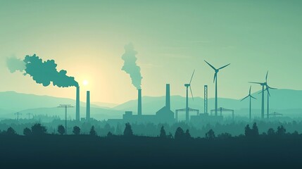 Obraz premium Dramatic contrast between industrial factory emissions and wind turbines harnessing renewable energy in a picturesque rural landscape with a glowing sky at sunrise or sunset