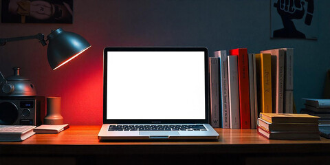 Various type of books near the laptop with blank white screen on wooden desk high quality photo