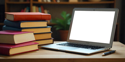 Various type of books near the laptop with blank white screen on wooden desk high quality photo