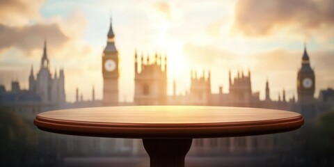 Naklejka premium A wooden table in the foreground with a sunset backdrop of iconic London architecture.