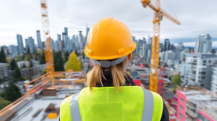 A construction worker wearing a yellow hard hat and reflective safety vest looks down at a busy construction site with a nice city skyline in the background