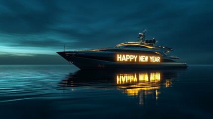 A luxury yacht on calm water at night, with a "2025 HAPPY NEW YEAR" LED display glowing brightly, casting reflections across the water
