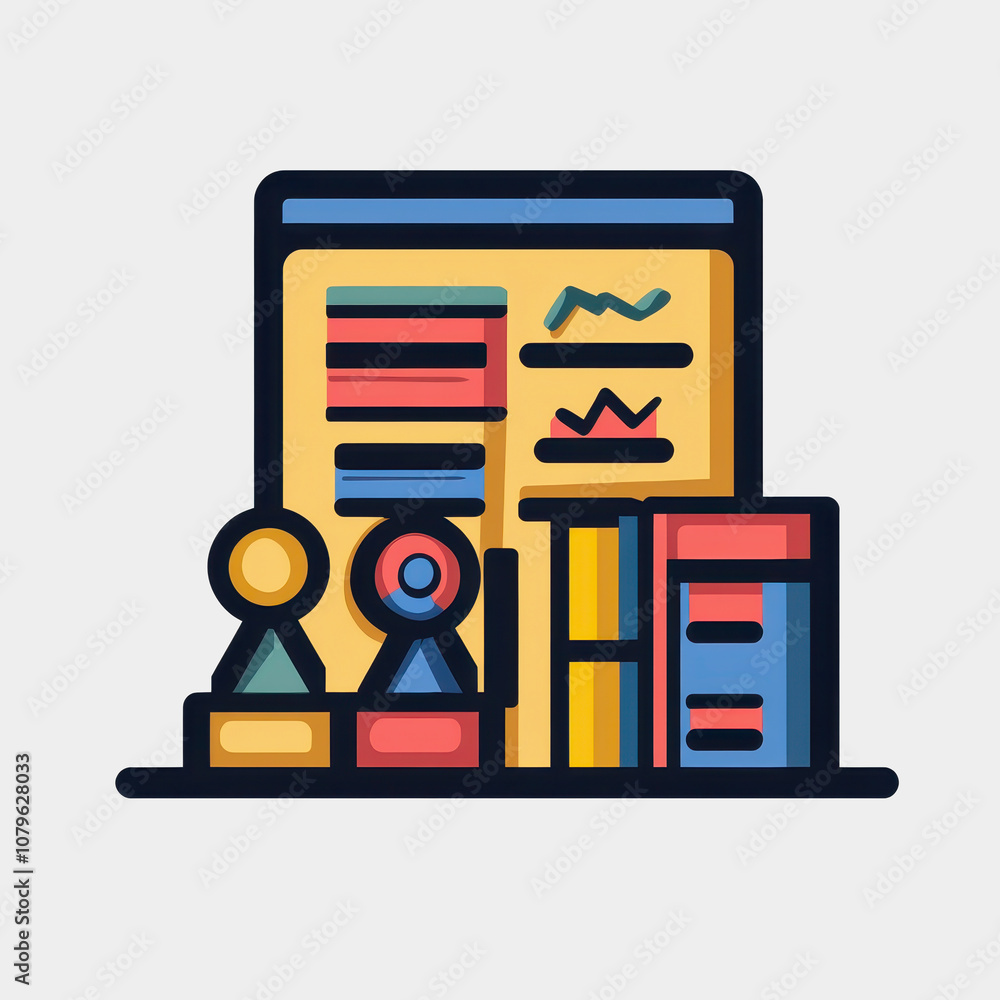 Poster colorful abstract illustration of business figures with charts and graphs representing growth, stati