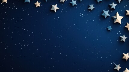 A serene night sky scene with paper-like stars in shades of blue and white scattered on a deep navy background, with a light sprinkling of smaller stars, with copy space